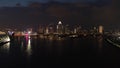 Top view of the river in Singapore at night. Shot. City high view of Singapore financial district and business building