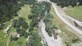 Top view of the river in a small settlement. Mountain countryside small houses in the village beautiful nature and