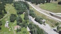 Top view of the river in a small settlement. Mountain countryside small houses in the village beautiful nature and