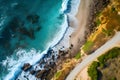 top view roads on a sea beach and the ocean