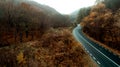 Top view of roadway with autumn colors. Aerial view of curvy road in beautiful autumn forest Royalty Free Stock Photo