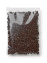 Top view of roasted arabica coffee beans in plastic bag