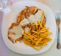 Top view of pork tenderloins with fried potatoes Royalty Free Stock Photo