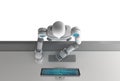 Top view of robot using a computer with binary data number code Royalty Free Stock Photo