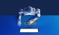 Top view of robot using a computer monitor with blank screen iso Royalty Free Stock Photo