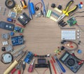 Top view of robotics and electronics concept, arduino in school