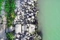 Top view of the rocky shore of the river and water Royalty Free Stock Photo