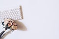 Top view of rose flower on the wireless keyboard on white background. Women`s office desk, female workspace. Valentines ` day