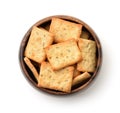 Top view of rosemary crackers in wooden bowl