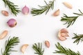 Top view Rosemary with garlic isolated on white background