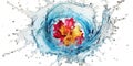 Top view of rotating swirl of water splashes and flowers on white background, concept of Dynamic movement, created with