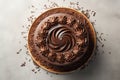 Top view of round baked chocolate cake decorated with chocolate curls. Generative AI