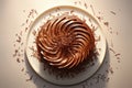 Top view of round baked chocolate cake decorated with chocolate curls. Generative AI