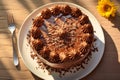 Top view of round baked chocolate cake decorated with chocolate curls. Generative AI