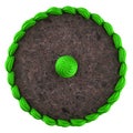 Top view of round chocolate cake with green cream isolated