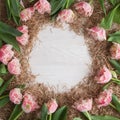 Top view round frame with pink tulips Royalty Free Stock Photo