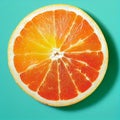 Top view of a round juicy orange slice on a turquoise background