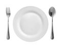 Top view of round plate or dishe with fork and spoon isolated on Royalty Free Stock Photo