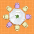 Top view of a round table with a white tablecloth and eight chairs. Vector Royalty Free Stock Photo