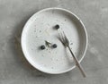 Top view of round white ceramic plate with fork, Dirty dishe after eating blueberry cheese tart is finished. Royalty Free Stock Photo