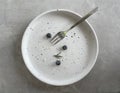 Top view of round white ceramic plate with fork, Dirty dishe after eating blueberry cheese tart is finished. Royalty Free Stock Photo