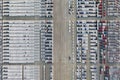 Top view of row new cars in logistic port export terminal Royalty Free Stock Photo