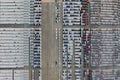 Top view of row new cars in logistic port export terminal Royalty Free Stock Photo