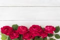 Top view of row of red roses on white wooden background,
