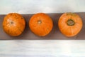 row of three pumpkins on a towel white background Royalty Free Stock Photo