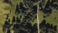 Top view of rural road through green tree forest and a field. Clip. Aerial view of twisting road among green vegetation Royalty Free Stock Photo