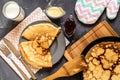 Top view of the Russian dish pancakes, milk, jam, white chocolate, towel, potholder, knife and fork Royalty Free Stock Photo