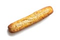 Top view of a rustic baguette with a Golden crust on a white background