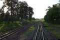 Top view of the rusty rails crossing the green field in a summer day , Northern Railway Thailand Royalty Free Stock Photo