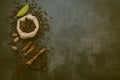 Top view of a sack of coffee beans on a gray background with copyspace