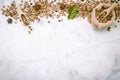 Top view of a sack of coffee beans on a white background with copyspace