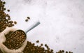 Top view of a sack of coffee beans on a white background with copyspace