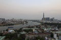 Top view of Saigon River at night time. Saigon River the length of 256 kilometers is most important to Ho Chi Minh City as it is Royalty Free Stock Photo