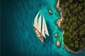 Top view of a sailboat on a tropical island. 3d rendering