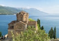 Top view of the Saint John the Theologian, Kaneo church with Ohrid Lake and mountains Royalty Free Stock Photo