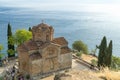 Top view of the Saint John the Theologian, Kaneo church with Ohrid Lake and mountains Royalty Free Stock Photo