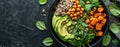 Top view of a salad with avocado, quinoa, sweet potato, spinach, chickpeas in a black bowl Royalty Free Stock Photo