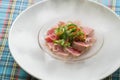 Top view salmon sashimi on ice with dry ice smoke, Japanese food
