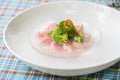 Top view salmon sashimi on ice with dry ice smoke, Japanese food