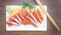 Top view Salmon Sashimi with chopsticks on table.