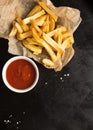 top view salted french fries with ketchup. High quality beautiful photo concept