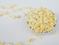 Top view of the salty flavor popcorn in the white bowl Royalty Free Stock Photo