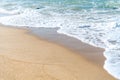 Top view of sand and water clean beach and white sand in summer with sun light blue sky and bokeh background Royalty Free Stock Photo