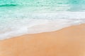 Top view of sand and water clean beach and white sand in summer with sun light blue sky and bokeh background Royalty Free Stock Photo