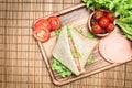 Top view of sandwiches and ham with tomatoes,Club sandwich with cheese and vegetable