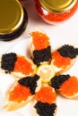 Top view of sandwiches with red salmon caviar and black sturgeon caviar on a white plate. Royalty Free Stock Photo